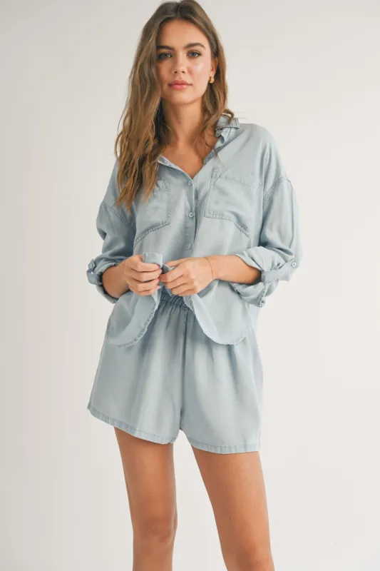 Light Blue Chambray Shorts sold by Pinkblush