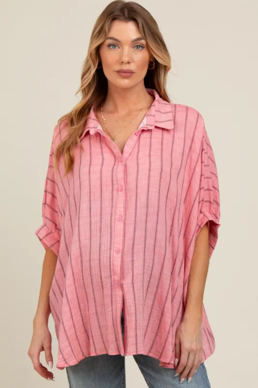 Pink Striped Collared Oversized Maternity Top sold by Pinkblush