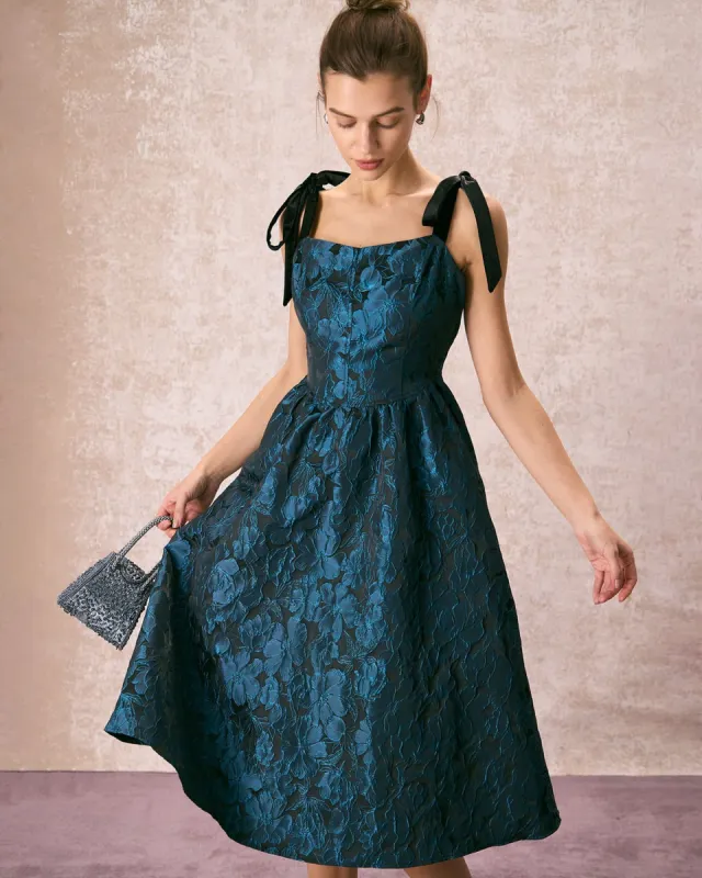 The Navy Tie Shoulder Jacquard Midi Dress | Parallel