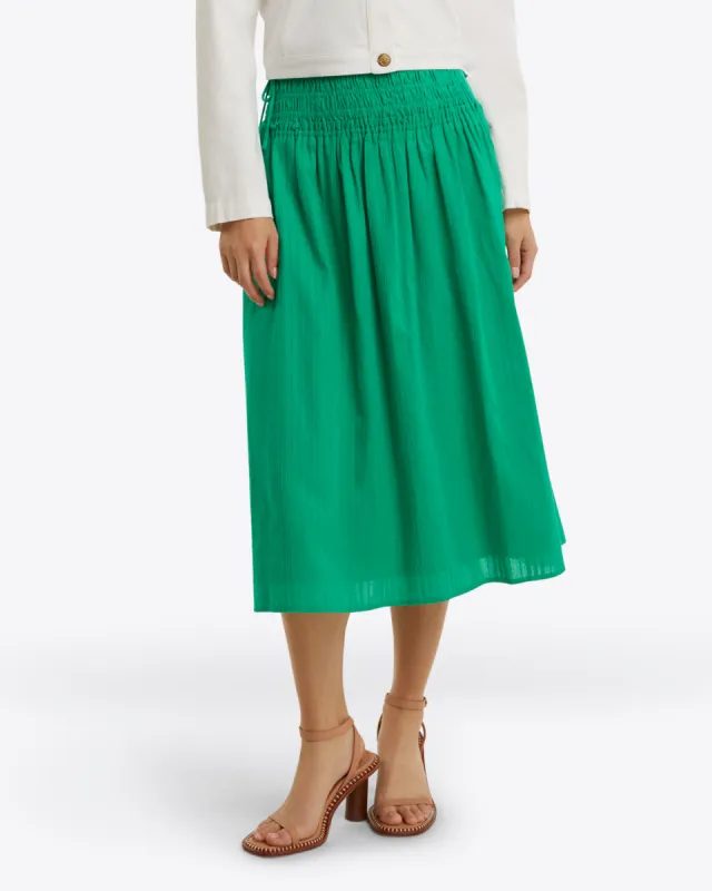 Smocked Waist Midi Skirt in Cotton Dobby sold by Draper James
