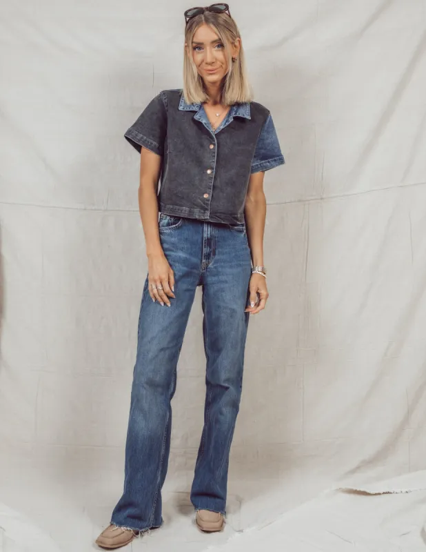 Denim Colorblock Short Sleeve Top sold by Shop Stevie
