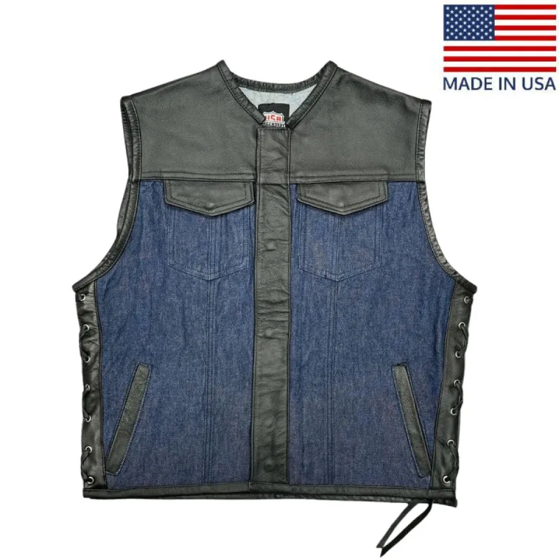 Legendary Blue Demo Denim & Leather Cropped Side Braided Club Style Vest sold by Legendary USA