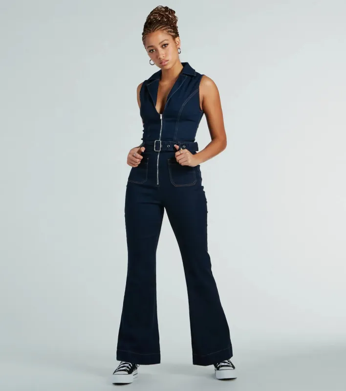 Retro Vibes Belted Flared-Leg Denim Jumpsuit sold by Windsor