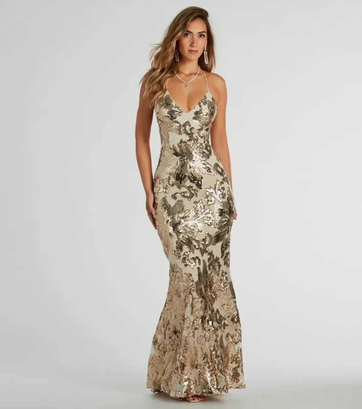 Alison Lace-Up Mermaid Sequin Formal Dress sold by Windsor
