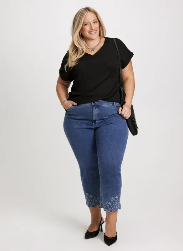 Cap Sleeves V-Neck T-Shirt & Scalloped Hem Denim Capris sold by Laura