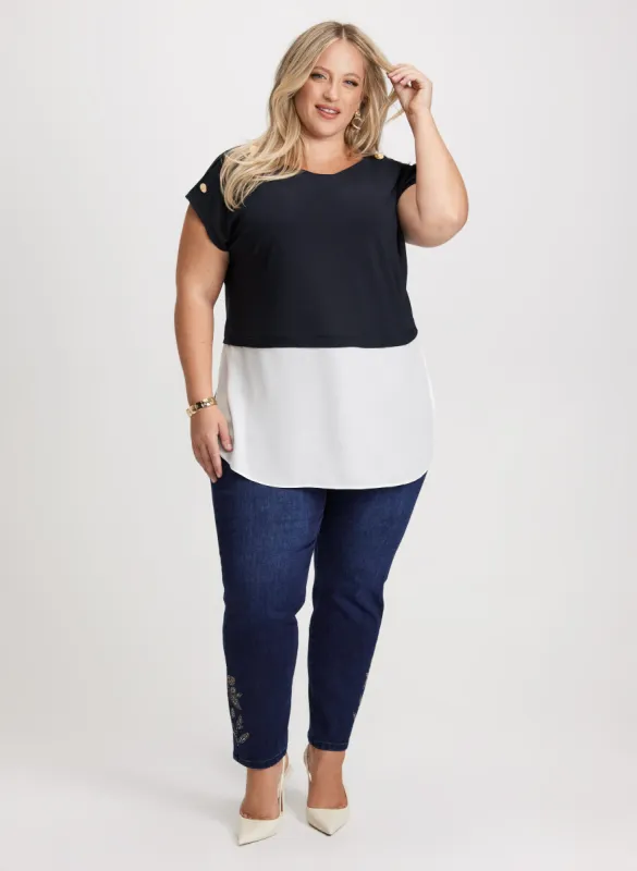 Decorative Buttons Colour Block Top & Embellished Hem Jeans sold by Laura