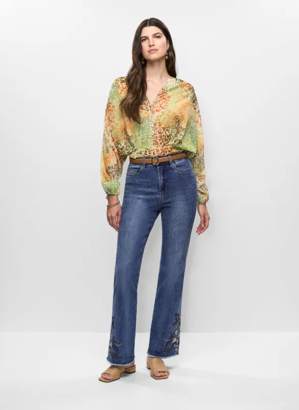 Animal Print Chiffon Top & Embroidered Hem Flare Leg Jeans sold by Melanie Lyne