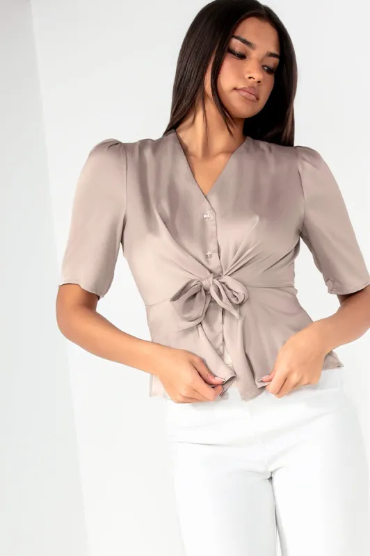 Caryn Champagne Satin Tie Front Top sold by Va Va Voom