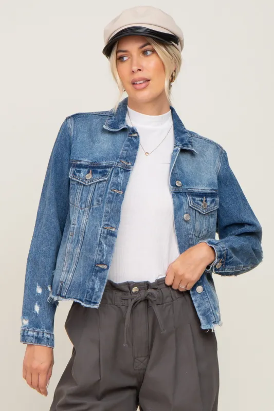 Navy Blue Distressed Cropped Denim Jacket sold by Pinkblush