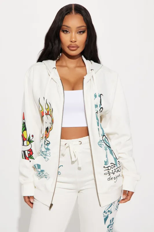 Ed Hardy On Fire Zip Front Hoodie - Ivory | Parallel