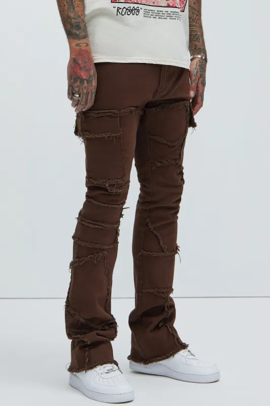 Trapping Frayed Stacked Skinny Flare Pants - Chocolate sold by Fashion Nova