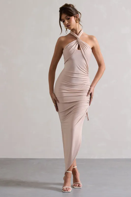 Jaiya | Champagne Ruched Halter-Neck Asymmetric Maxi Dress sold by Club L London