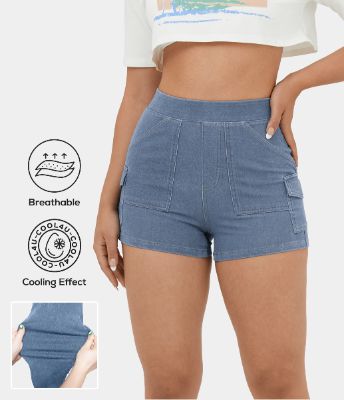 HalaraMagic™ High Waisted Multiple Pockets Cool Touch Breathable Washed Stretchy Knit Denim Casual Shorts 2.5'' sold by halara