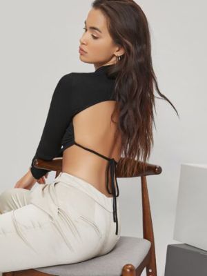 SHEIN BAE Mock-Neck Tied Backless Crop Top sold by SHEIN