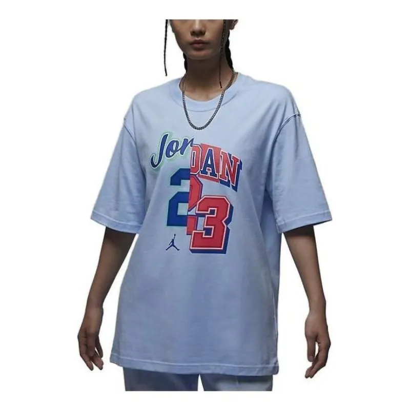 (WMNS) Air Jordan Graphic Logo Oversize T-shirt Asia Sizing 'Light Blue' FQ0362-456 sold by KicksCrew
