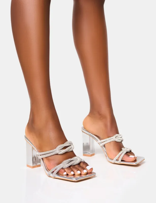 Frosted Silver Diamante Knot Detail Block Heels sold by Public Desire