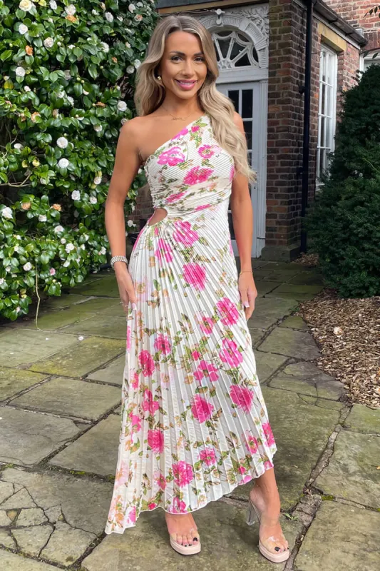Cream and Pink Floral Print One Shoulder Pleated Satin Midi