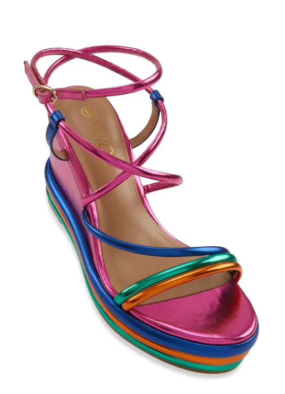 Metallic Strappy Platform Wedges sold by Rainbow