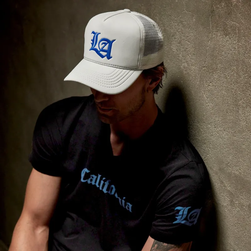 LA Embroidered Scuba Trucker Hat - White/Baltic Blue | Parallel