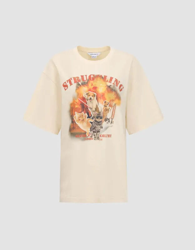Printed Crew Neck Loose T-Shirt sold by Urban Revivo