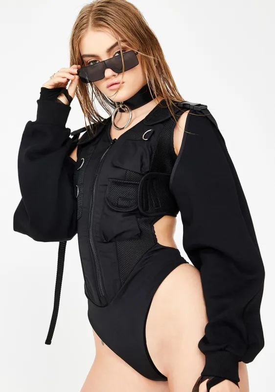 dolls kill ボディスーツ アシッド レースアップ body suit Poster Grl Sporty Mesh Panel Bodysuit - Reflective Black