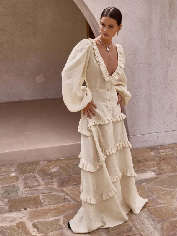 Cotton & Linen Semi-Sheer Ruffle Trim Long Dress sold by COMMENSE