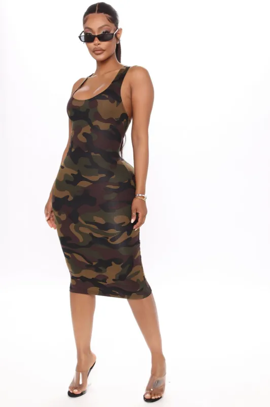 Day Out Printed Midi Dress - Camouflage sold by Fashion Nova