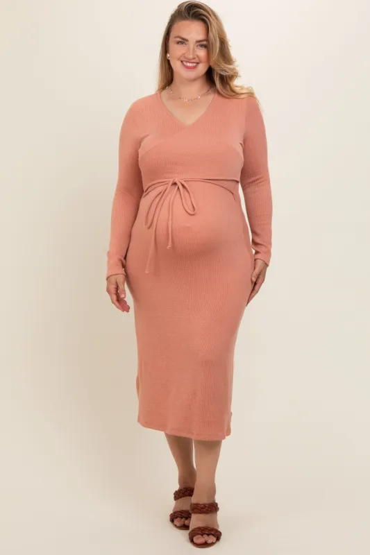 Rust Ribbed Long Sleeve Plus Maternity Wrap Nursing Dress sold by Pinkblush