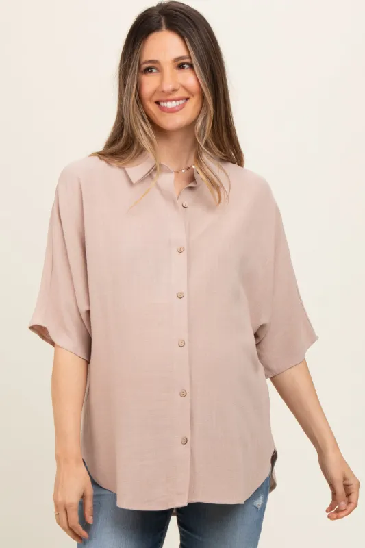 Beige Linen Dolman Half Sleeve Button Down Maternity Top sold by Pinkblush