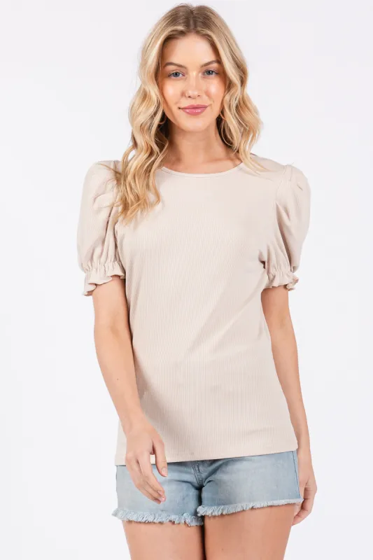 Beige Ribbed Puff Sleeve Top sold by Pinkblush