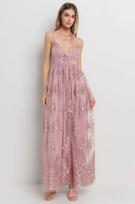 Mauve Floral Lace Overlay Maxi Dress sold by Pinkblush