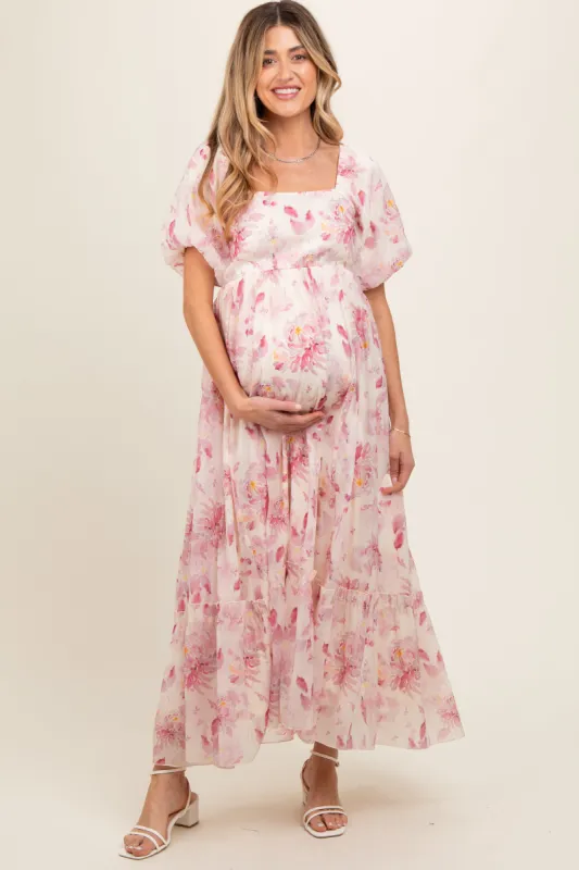 Red Puff Sleeve Square Neck Maternity Dress sold by Pinkblush