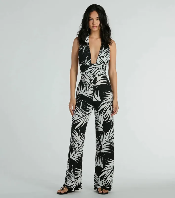 Majorly Tropical Plunge Halter Wide-Leg Jumpsuit sold by Windsor