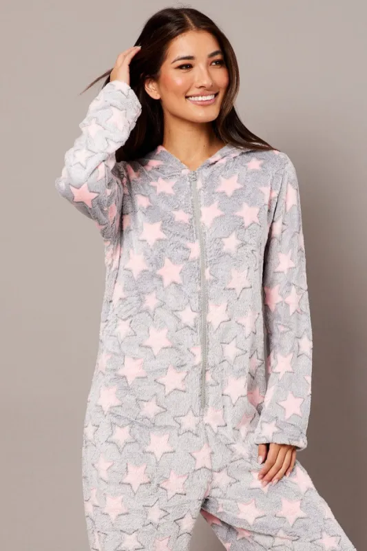 Grey Print Fluffy Pyjama Onesie Star Fleece Nightwear PJ sold by Ally Fashion