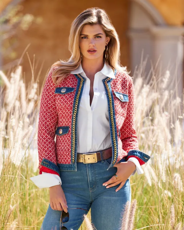 Tweed Denim and Chain Trim Jacket Red Multi | Parallel