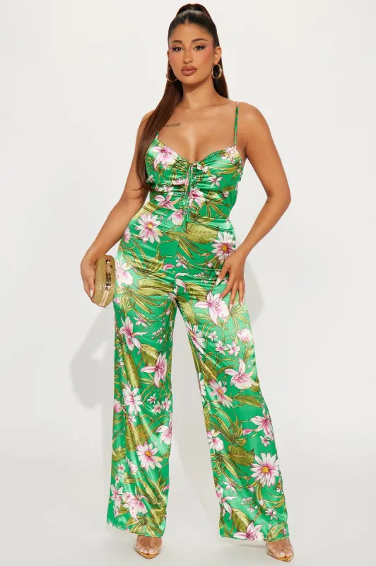 Perfect Vacation Satin Jumpsuit  - Green sold by Fashion Nova