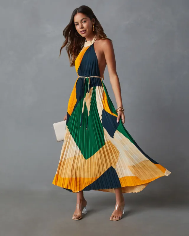 Cheyenne Abstract Pleated Halter Midi Dress sold by Vici