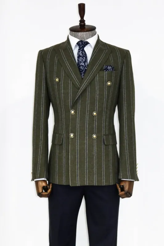 Wide Lapel Striped Double Breasted Green Men Blazer and Trousers Combination- Wessi sold by Wessi