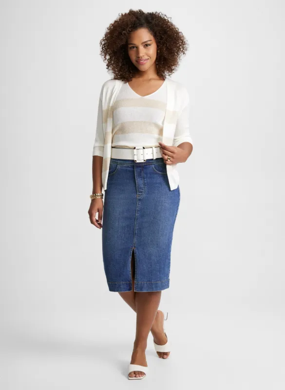 Striped Cardigan & Denim Midi Skirt sold by Laura