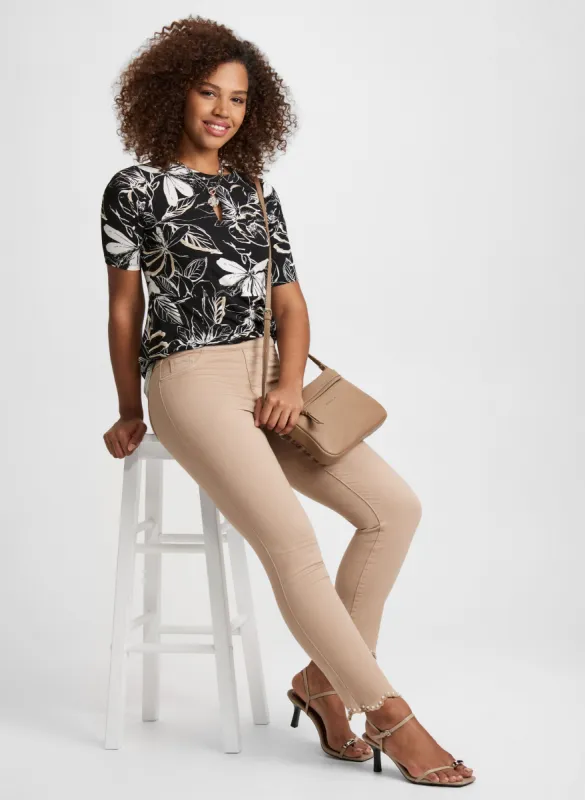 Leaf Print Peplum Top & Scalloped Hem Denim Pants sold by Laura