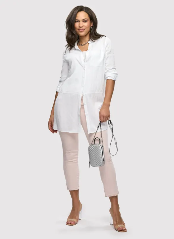 Button-Front Linen Tunic & Slim Leg Ankle Jeans sold by Laura