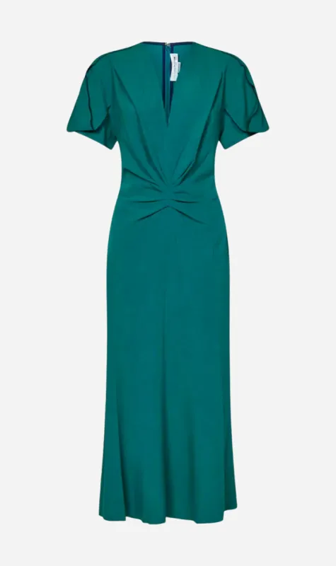 Victoria Beckham | Gathered V-Neck Midi Dress - Petroleum