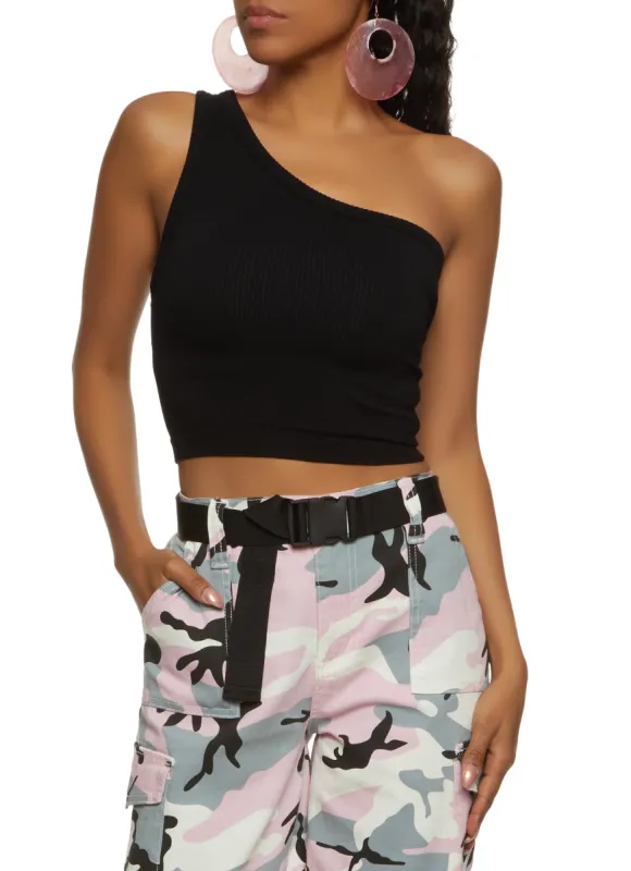 Ribbed Knit Seamless One Shoulder Crop Top sold by Rainbow