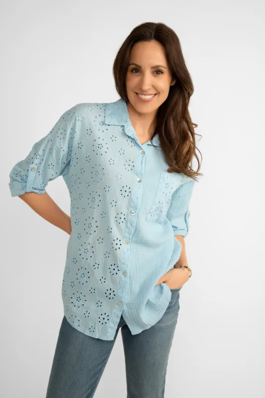 Eyelet Lace & Gauze Top With Roll Tab Sleeves sold by Bellissima