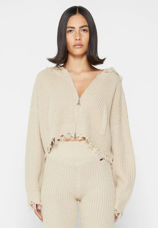 arisu【beigeのみ】bumpy wide sleeve knit Distressed Chunky Knit Hoodie - Beige | Parallel