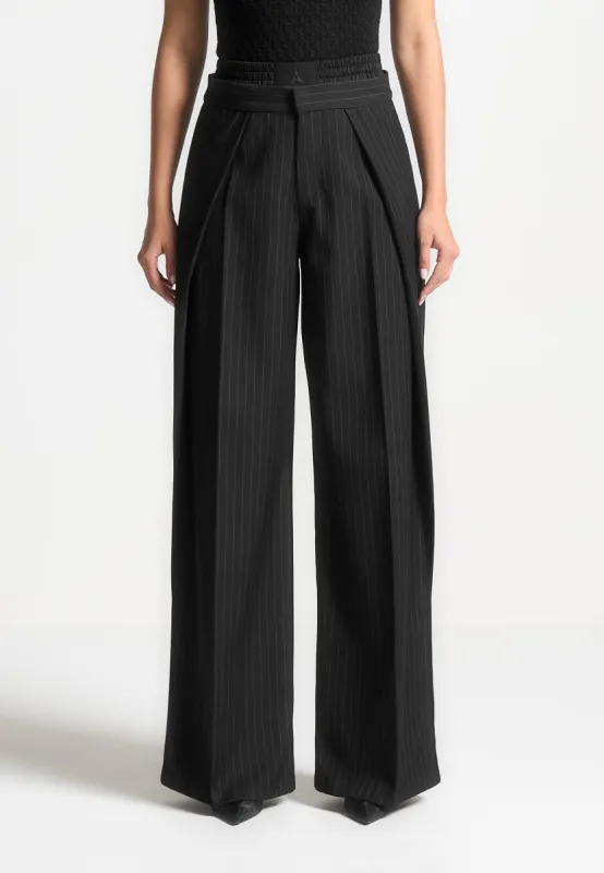 Sofia - Satin Waistband Pinstripe Trousers - Black sold by Maniere De Voir