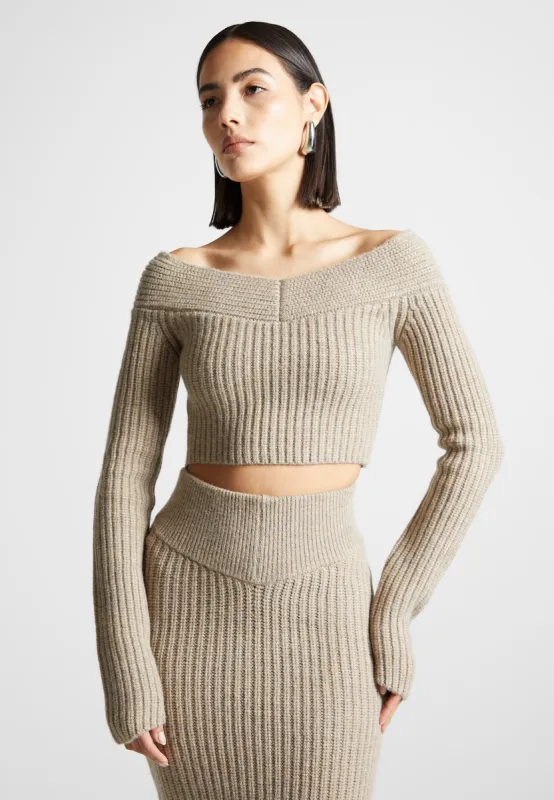 Off Shoulder Knit Crop Top - Beige Marl sold by Maniere De Voir