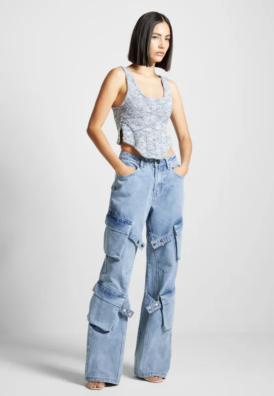 Strap Detail Cargo Jeans - Mid Blue sold by Maniere De Voir