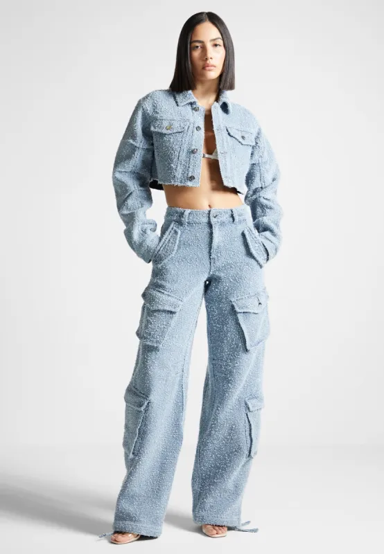 Anne - High Waisted Boucle Denim Cargo Pants - Mid Blue sold by Maniere De Voir