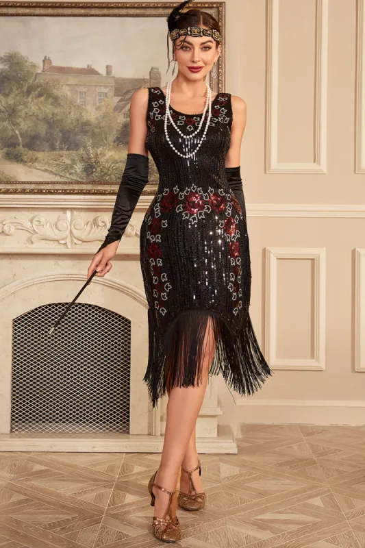 Black Sleeveless Sequins 1920s Flapper Dress with Fringes sold by Zapaka